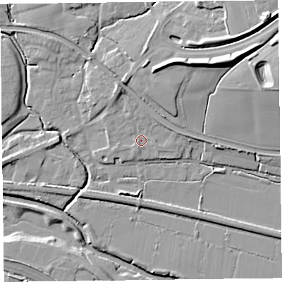 Shaded relief map of the ground around TA28TB, computed from Environment Agency LiDAR. The ground here sits at about 12 m above sea level and falls 20 m across the surrounding 800 m. Surface water reaching this point runs off ground lying to the north-north-east, 1.7 m higher.