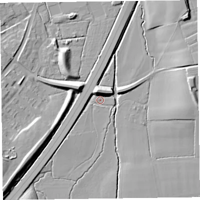 Shaded relief map of the ground around TA35AA, computed from Environment Agency LiDAR. The ground here sits at about 15 m above sea level and falls 15 m across the surrounding 800 m. Surface water reaching this point runs off ground lying to the north-north-west, 9.2 m higher.