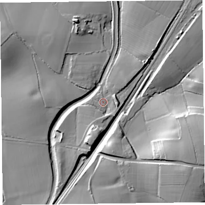 Shaded relief map of the ground around TA35AJ, computed from Environment Agency LiDAR. The ground here sits at about 16 m above sea level and falls 22 m across the surrounding 800 m. Surface water reaching this point runs off ground lying to the south-south-west, 4.3 m higher.