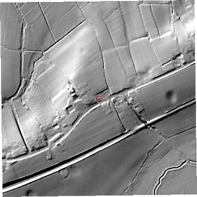 Shaded relief map of the ground around TA35AP, computed from Environment Agency LiDAR. The ground here sits at about 17 m above sea level and falls 18 m across the surrounding 800 m. Surface water reaching this point runs off ground lying to the west, 4.2 m higher.