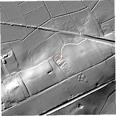 Shaded relief map of the ground around TA35AR, computed from Environment Agency LiDAR. The ground here sits at about 8 m above sea level and falls 17 m across the surrounding 800 m. Surface water reaching this point runs off ground lying to the south-west, 12.6 m higher.