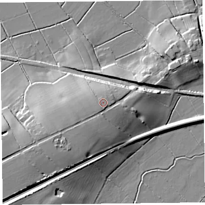 Shaded relief map of the ground around TA35AS, computed from Environment Agency LiDAR. The ground here sits at about 17 m above sea level and falls 15 m across the surrounding 800 m. Surface water reaching this point runs off ground lying to the south-south-west, 0.9 m higher.