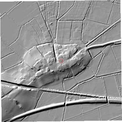 Shaded relief map of the ground around TA35AU, computed from Environment Agency LiDAR. The ground here sits at about 13 m above sea level and falls 14 m across the surrounding 800 m. Surface water reaching this point runs off ground lying to the south-south-west, 1.5 m higher.