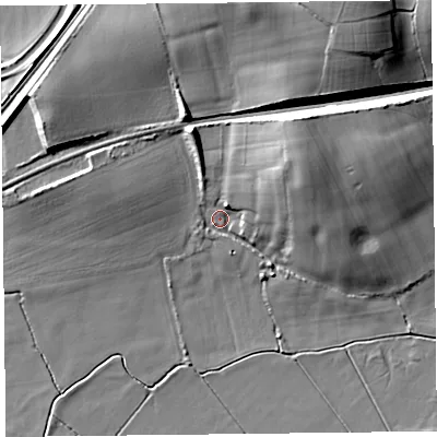 Shaded relief map of the ground around TA35AW, computed from Environment Agency LiDAR. The ground here sits at about 8 m above sea level and falls 25 m across the surrounding 800 m. Surface water reaching this point runs off ground lying to the north-north-east, 23.3 m higher.