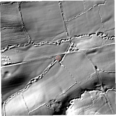 Shaded relief map of the ground around TA35BE, computed from Environment Agency LiDAR. The ground here sits at about 83 m above sea level and falls 26 m across the surrounding 800 m. Surface water reaching this point runs off ground lying to the south-south-west, 19.3 m higher.