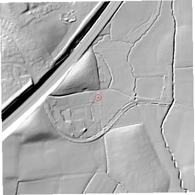 Shaded relief map of the ground around TA35DG, computed from Environment Agency LiDAR. The ground here sits at about 17 m above sea level and falls 20 m across the surrounding 800 m. Surface water reaching this point runs off ground lying to the west, 9.4 m higher.