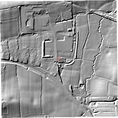 Shaded relief map of the ground around TA35DJ, computed from Environment Agency LiDAR. The ground here sits at about 15 m above sea level and falls 17 m across the surrounding 800 m. Surface water reaching this point runs off ground lying to the south, 3.0 m higher.