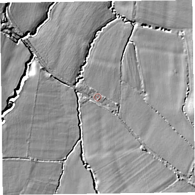 Shaded relief map of the ground around TA35DQ, computed from Environment Agency LiDAR. The ground here sits at about 29 m above sea level and falls 13 m across the surrounding 800 m. Surface water reaching this point runs off ground lying to the south-east, 6.8 m higher.