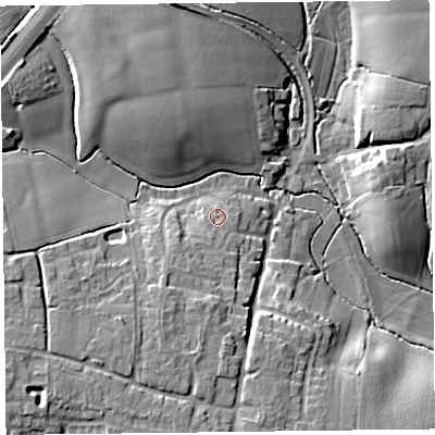 Shaded relief map of the ground around TA35DX, computed from Environment Agency LiDAR. The ground here sits at about 17 m above sea level and falls 15 m across the surrounding 800 m. Surface water reaching this point runs off ground lying to the south-south-west, 4.7 m higher.
