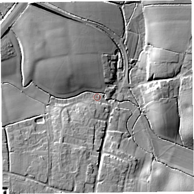Shaded relief map of the ground around TA35EA, computed from Environment Agency LiDAR. The ground here sits at about 15 m above sea level and falls 18 m across the surrounding 800 m. Surface water reaching this point runs off ground lying to the north-north-west, 15.0 m higher.
