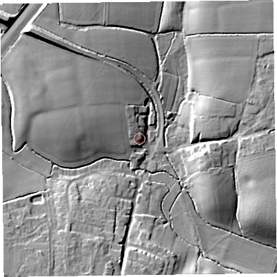 Shaded relief map of the ground around TA35EB, computed from Environment Agency LiDAR. The ground here sits at about 18 m above sea level and falls 18 m across the surrounding 800 m. Surface water reaching this point runs off ground lying to the north-west, 4.5 m higher.