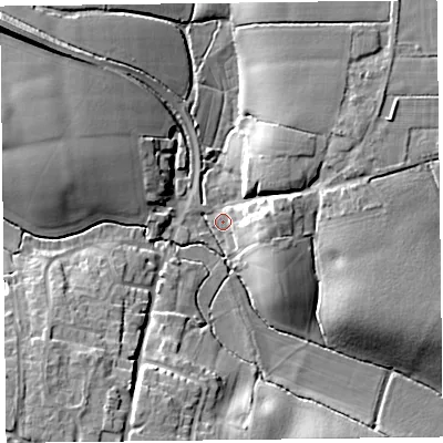Shaded relief map of the ground around TA35ED, computed from Environment Agency LiDAR. The ground here sits at about 15 m above sea level and falls 19 m across the surrounding 800 m. Surface water reaching this point runs off ground lying to the north-west, 15.6 m higher.
