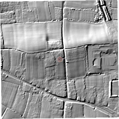 Shaded relief map of the ground around TA35JA, computed from Environment Agency LiDAR. The ground here sits at about 21 m above sea level and falls 15 m across the surrounding 800 m. Surface water reaching this point runs off ground lying to the west, 1.5 m higher.