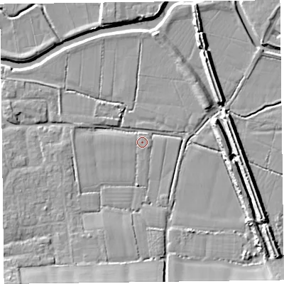 Shaded relief map of the ground around TA35JD, computed from Environment Agency LiDAR. The ground here sits at about 10 m above sea level and falls 10 m across the surrounding 800 m. Surface water reaching this point runs off ground lying to the west-south-west, 1.5 m higher.