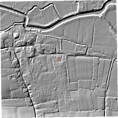 Shaded relief map of the ground around TA35JE, computed from Environment Agency LiDAR. The ground here sits at about 10 m above sea level and falls 16 m across the surrounding 800 m. Surface water reaching this point runs off ground lying to the south-west, 13.7 m higher.