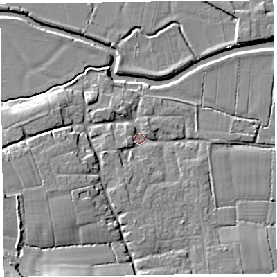 Shaded relief map of the ground around TA35JL, computed from Environment Agency LiDAR. The ground here sits at about 10 m above sea level and falls 12 m across the surrounding 800 m. Surface water reaching this point runs off ground lying to the west-south-west, 9.1 m higher.
