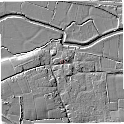 Shaded relief map of the ground around TA35JW, computed from Environment Agency LiDAR. The ground here sits at about 12 m above sea level and falls 12 m across the surrounding 800 m. Surface water reaching this point runs off ground lying to the south-west, 9.1 m higher.