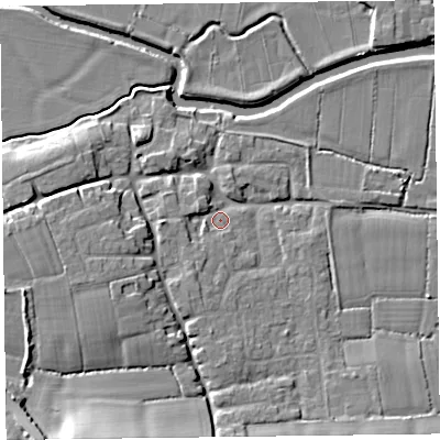Shaded relief map of the ground around TA35LJ, computed from Environment Agency LiDAR. The ground here sits at about 10 m above sea level and falls 16 m across the surrounding 800 m. Surface water reaching this point runs off ground lying to the west-south-west, 7.5 m higher.