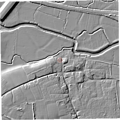 Shaded relief map of the ground around TA35LL, computed from Environment Agency LiDAR. The ground here sits at about 11 m above sea level and falls 11 m across the surrounding 800 m. Surface water reaching this point runs off ground lying to the east-south-east, 3.4 m higher.