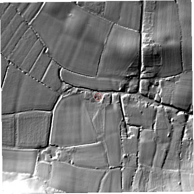 Shaded relief map of the ground around TA35LY, computed from Environment Agency LiDAR. The ground here sits at about 16 m above sea level and falls 28 m across the surrounding 800 m. Surface water reaching this point runs off ground lying to the south-east, 16.5 m higher.