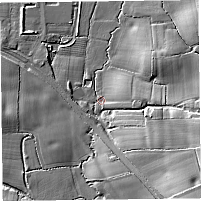 Shaded relief map of the ground around TA35NQ, computed from Environment Agency LiDAR. The ground here sits at about 16 m above sea level and falls 20 m across the surrounding 800 m. Surface water reaching this point runs off ground lying to the south-east, 16.5 m higher.