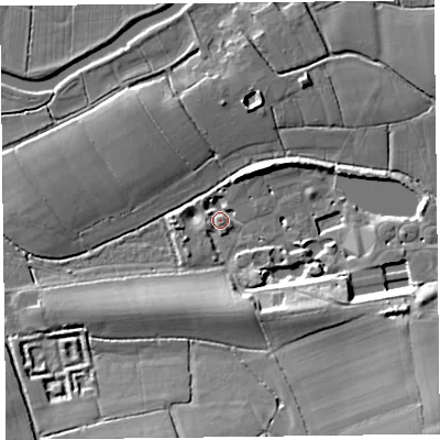 Shaded relief map of the ground around TA35NU, computed from Environment Agency LiDAR. The ground here sits at about 10 m above sea level and falls 18 m across the surrounding 800 m. Surface water reaching this point runs off ground lying to the south-east, 16.3 m higher.