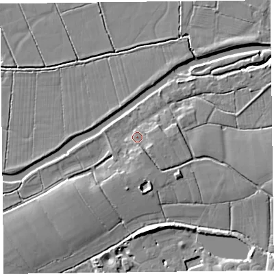 Shaded relief map of the ground around TA35NY, computed from Environment Agency LiDAR. The ground here sits at about 10 m above sea level and falls 9 m across the surrounding 800 m. Surface water reaching this point runs off ground lying to the south, 3.6 m higher.
