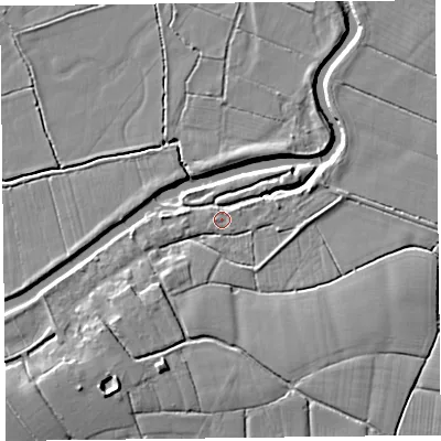 Shaded relief map of the ground around TA35NZ, computed from Environment Agency LiDAR. The ground here sits at about 9 m above sea level and falls 7 m across the surrounding 800 m. Surface water reaching this point runs off ground lying to the south-west, 4.7 m higher.