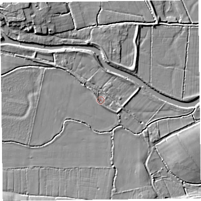 Shaded relief map of the ground around TA35PB, computed from Environment Agency LiDAR. The ground here sits at about 9 m above sea level and falls 7 m across the surrounding 800 m. Surface water reaching this point runs off ground lying to the north-west, 2.3 m higher.