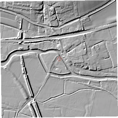 Shaded relief map of the ground around TA35PN, computed from Environment Agency LiDAR. The ground here sits at about 9 m above sea level and falls 15 m across the surrounding 800 m. Surface water reaching this point runs off ground lying to the east, 6.9 m higher.