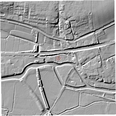 Shaded relief map of the ground around TA35PT, computed from Environment Agency LiDAR. The ground here sits at about 10 m above sea level and falls 16 m across the surrounding 800 m. Surface water reaching this point runs off ground lying to the south-west, 2.8 m higher.