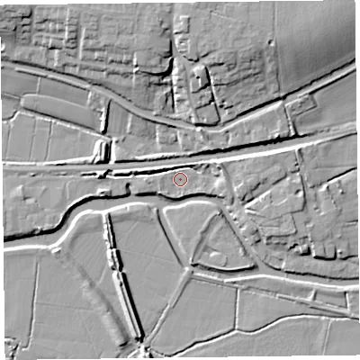 Shaded relief map of the ground around TA35PU, computed from Environment Agency LiDAR. The ground here sits at about 9 m above sea level and falls 16 m across the surrounding 800 m. Surface water reaching this point runs off ground lying to the west-north-west, 4.5 m higher.