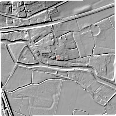 Shaded relief map of the ground around TA35PW, computed from Environment Agency LiDAR. The ground here sits at about 12 m above sea level and falls 13 m across the surrounding 800 m. Surface water reaching this point runs off ground lying to the north-west, 5.3 m higher.