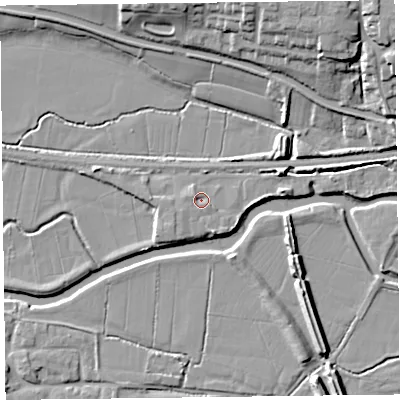 Shaded relief map of the ground around TA35PX, computed from Environment Agency LiDAR. The ground here sits at about 10 m above sea level and falls 16 m across the surrounding 800 m. Surface water reaching this point runs off ground lying to the west-north-west, 0.6 m higher.
