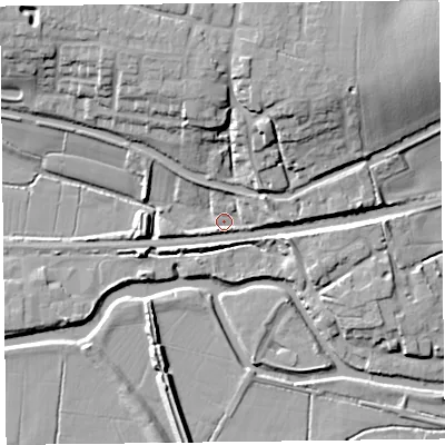 Shaded relief map of the ground around TA35QA, computed from Environment Agency LiDAR. The ground here sits at about 10 m above sea level and falls 16 m across the surrounding 800 m. Surface water reaching this point runs off ground lying to the east-north-east, 6.6 m higher.