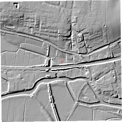 Shaded relief map of the ground around TA35QB, computed from Environment Agency LiDAR. The ground here sits at about 10 m above sea level and falls 16 m across the surrounding 800 m. Surface water reaching this point runs off ground lying to the east-north-east, 7.1 m higher.