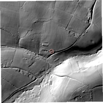 Shaded relief map of the ground around TA35RJ, computed from Environment Agency LiDAR. The ground here sits at about 44 m above sea level and falls 44 m across the surrounding 800 m. Surface water reaching this point runs off ground lying to the north, 19.3 m higher.