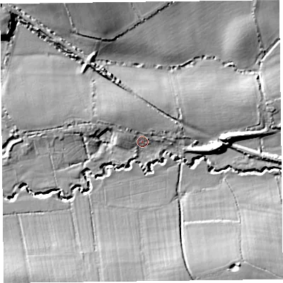 Shaded relief map of the ground around TA36AF, computed from Environment Agency LiDAR. The ground here sits at about 37 m above sea level and falls 13 m across the surrounding 800 m. Surface water reaching this point runs off ground lying to the north-west, 4.2 m higher.