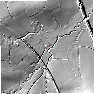 Shaded relief map of the ground around TA36AH, computed from Environment Agency LiDAR. The ground here sits at about 26 m above sea level and falls 14 m across the surrounding 800 m. Surface water reaching this point runs off ground lying to the west, 11.5 m higher.