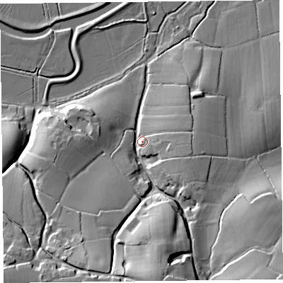Shaded relief map of the ground around TA36BG, computed from Environment Agency LiDAR. The ground here sits at about 14 m above sea level and falls 35 m across the surrounding 800 m. Surface water reaching this point runs off ground lying to the south, 30.4 m higher.