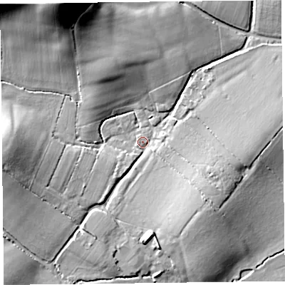 Shaded relief map of the ground around TA36DA, computed from Environment Agency LiDAR. The ground here sits at about 18 m above sea level and falls 28 m across the surrounding 800 m. Surface water reaching this point runs off ground lying to the west, 11.4 m higher.