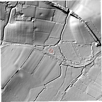 Shaded relief map of the ground around TA36DB, computed from Environment Agency LiDAR. The ground here sits at about 15 m above sea level and falls 15 m across the surrounding 800 m. Surface water reaching this point runs off ground lying to the south, 0.8 m higher.