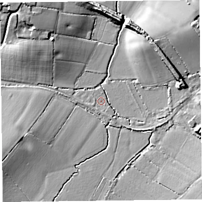 Shaded relief map of the ground around TA36DD, computed from Environment Agency LiDAR. The ground here sits at about 15 m above sea level and falls 14 m across the surrounding 800 m. Surface water reaching this point runs off ground lying to the north-west, 9.3 m higher.