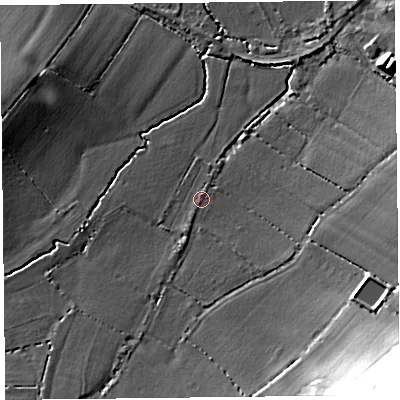 Shaded relief map of the ground around TA36DE, computed from Environment Agency LiDAR. The ground here sits at about 16 m above sea level and falls 33 m across the surrounding 800 m. Surface water reaching this point runs off ground lying to the south-east, 31.0 m higher.