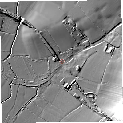 Shaded relief map of the ground around TA36DF, computed from Environment Agency LiDAR. The ground here sits at about 15 m above sea level and falls 44 m across the surrounding 800 m. Surface water reaching this point runs off ground lying to the north, 6.4 m higher.
