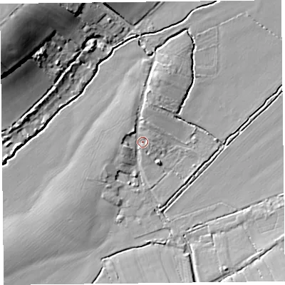 Shaded relief map of the ground around TA36DJ, computed from Environment Agency LiDAR. The ground here sits at about 9 m above sea level and falls 27 m across the surrounding 800 m. Surface water reaching this point runs off ground lying to the north-west, 3.0 m higher.