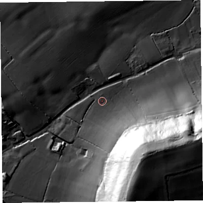 Shaded relief map of the ground around TA36DQ, computed from Environment Agency LiDAR. The ground here sits at about 18 m above sea level and falls 79 m across the surrounding 800 m. Surface water reaching this point runs off ground lying to the south-east, 67.4 m higher.