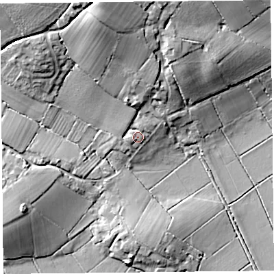 Shaded relief map of the ground around TA36EN, computed from Environment Agency LiDAR. The ground here sits at about 10 m above sea level and falls 22 m across the surrounding 800 m. Surface water reaching this point runs off ground lying to the north-north-east, 1.2 m higher.