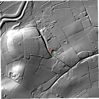 Shaded relief map of the ground around TA36JA, computed from Environment Agency LiDAR. The ground here sits at about 21 m above sea level and falls 27 m across the surrounding 800 m. Surface water reaching this point runs off ground lying to the west, 10.8 m higher.