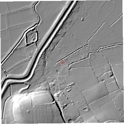 Shaded relief map of the ground around TA36JB, computed from Environment Agency LiDAR. The ground here sits at about 6 m above sea level and falls 27 m across the surrounding 800 m. Surface water reaching this point runs off ground lying to the south, 16.7 m higher.